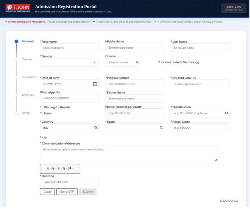 T.John Admission Registration Portal